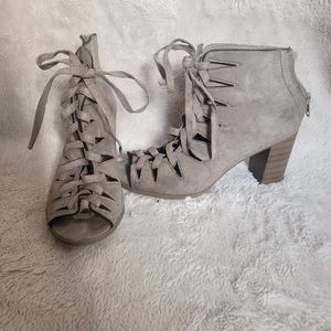 Soda Tan Ankle Boot Women's 8 Open Toe Lace Up Bootie Mid Heel Zip Back